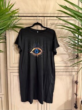 New ALL SEEING CELESTIAL EVIL EYE Black Graphic T-Shirt Dress BOHO MYSTICAL XL
